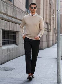 Manfinity Homme Men's Pullover Knit Sweater, Lightweight Top For Autumn - Beige - View 4