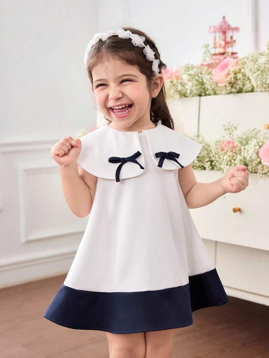 SHEIN Babygirl Elegant & Cute Color Block Bowknot Collar Loose Dress - White - View 1