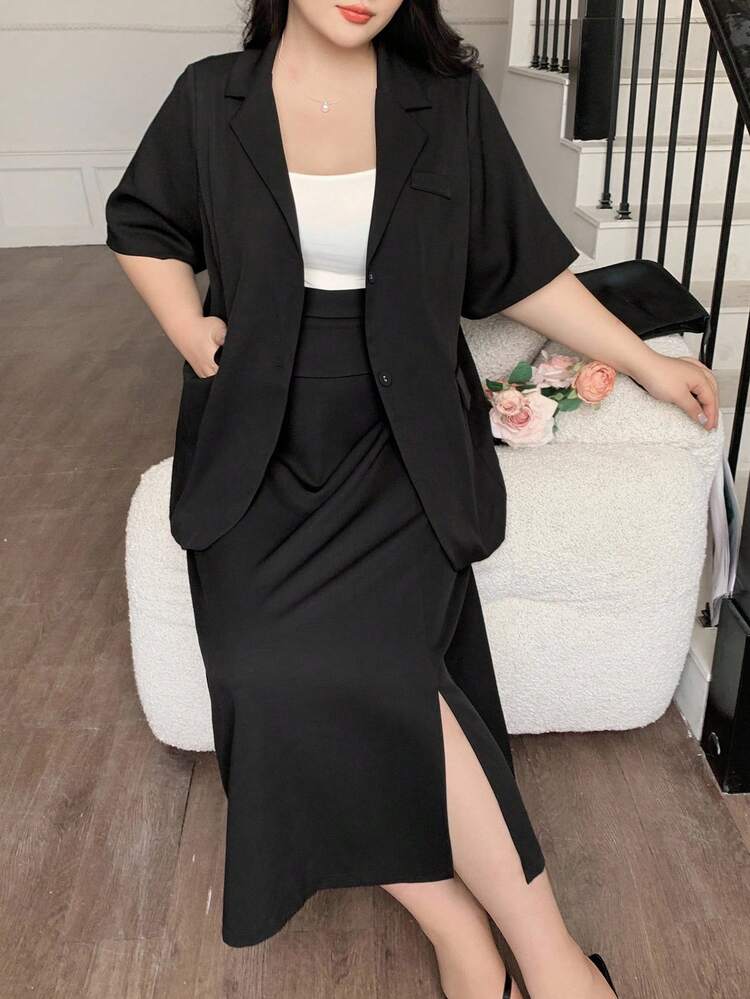 Dazy Plus 2pcs/Set Women Plus Size Business Casual Solid Color Lapel Blazer Jacket And Straight Skirt Lounge Sets For Women