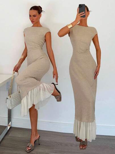 Siren Gaze New Style Splicing Pleated Dress Long Dress For Women, Linen Waist Slimming Splicing Chiffon Elegant Long Dress For Women, Back To School Season Dress, Teacher Clothing, Retro Old Money Style,Modest Dresses For Women Party Summer Evening Dress