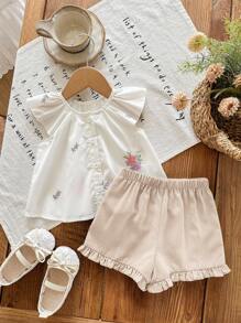 SHEIN LMoss Kids 新生女宝宝花卉刺绣短袖上衣和米色短裤套装，夏季女宝宝服装，女宝宝夏季两件套，复古风格花卉套装 - 彩色 - 查看 5