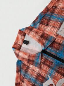 ROMWE MEN Street Life Summer Men's Plaid Rhinestone Embellished Shirt Paired With Black Washed Distressed Rhinestone Embellished Shorts Set