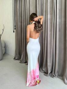 Jemour 女士春夏音乐节深 V 性感豹纹亮片蕾丝紧身挂脖迷你连衣裙 - 粉色 - 查看 2