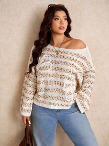 Elaquor Plus Size Striped Embroidered Floral Mixed Yarn Casual Loose Knit Pullover Sweater For Women Autumn Winter Clothes For Women Fall/Winter - White - View 3