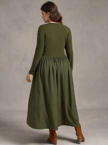 Zelara Đầm dài tay thường ngày dệt chắp vá cỡ lớn cho nữ có nút cài nửa thân - xanh quân đội - Xem 6