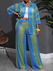 SHEIN CURVE+ New Fashion Vacation Casual Hollow Out Collarless Long Sleeve Cardigan + Wide Leg Pants Blue-Green Striped 2 Pieces Knit Sweater Set, Plus Sizefall Clothes For Women,Winter,CURVE PLUS Autumn - Multicolor - View 5