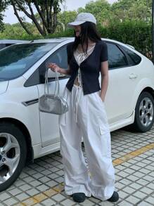 DAZY Áo khoác cardigan ren hở vai 2 trong 1 màu tương phản mùa hè dành cho nữ, cổ khoét sâu, buộc dây, buộc ren, áo crop top - Màu xanh hải quân - Xem 2