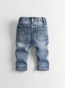 SHEIN Playful Pals Baby Boys Y2K Style Distressed Denim Jeans, Slim Fit Rolled Hem, Comfortable Stretch Fabric, Casual & Fashionable Baby Boy Jeans Fall Winter - Medium Wash - View 2