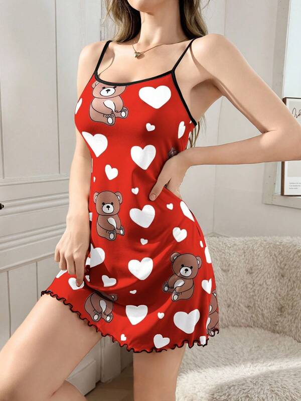 Cute Bear Heart Print Camisole Nightgown