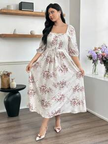 Modelyn Plus Size Women Elegant Tie-Up Waist Printed Long Dress - Beige - View 5