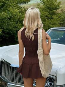 SHEIN EZwear 棕色亚麻荷叶边下摆休闲度假迷你连衣裙 - 棕色 - 查看 3