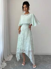Modelyn Váy thanh lịch kiểu Pháp bằng vải jacquard khoét lỗ dành cho nữ, thiết kế viền bất đối xứng - Màu xanh nhạt - Xem 4