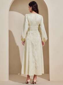 Graceveil Vestido amarillo claro con cuello cuadrado, tela de jacquard texturizada, cintura ceñida y falda acampanada para mujeres, ropa de otoño para mujeres - Butter Yellow - Ver 2