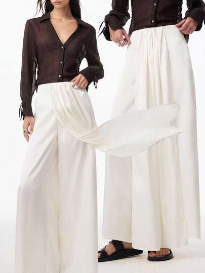 LYSMO 女士不对称褶皱飘逸长裤 2025 新款极简主义秋季女装全白派对教师、机场和旅行