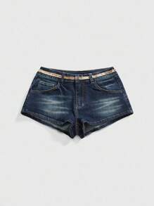 ROMWE Hippie Women's Y2K Retro Hippie Vacation Style Cow Print Beaded Embroidery Mini Denim Shorts