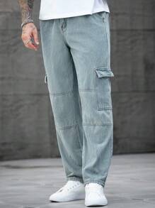 Manfinity Homme 宽松版型男式棉质工装牛仔裤，带翻盖口袋 - 藍色 - 查看 6