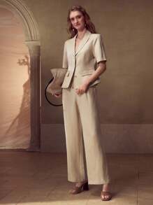 MOTF PREMIUM LINEN FOLD PLEATED SUIT PANTS - Apricot - View 1