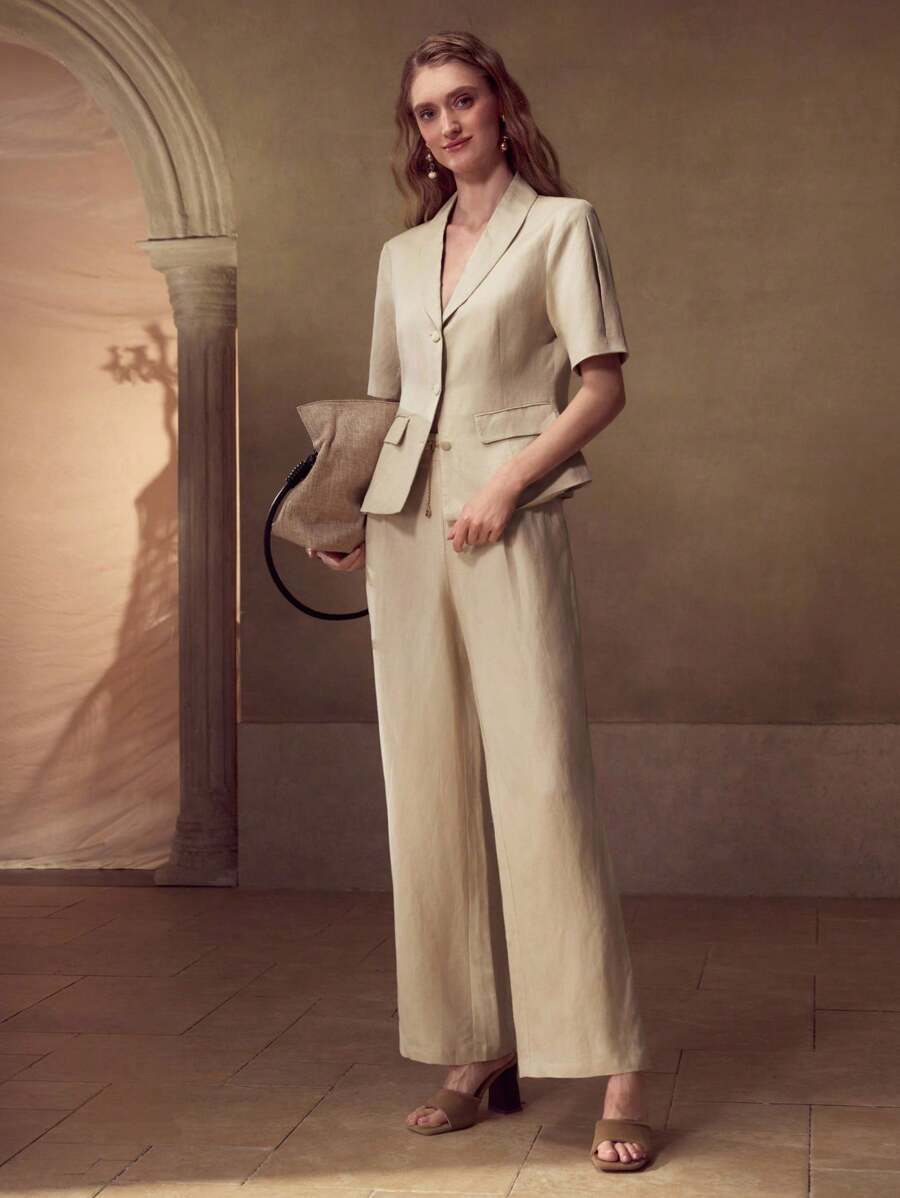 MOTF PREMIUM LINEN FOLD PLEATED SUIT PANTS - Apricot - View 1