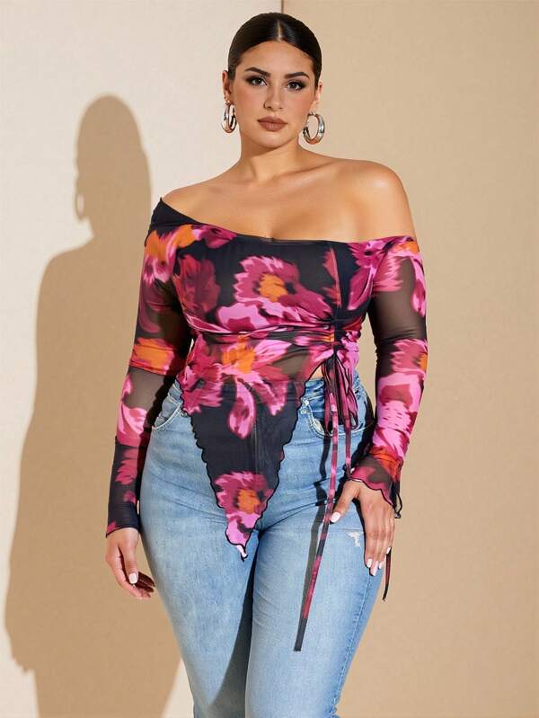 SHEIN BAE Plus Size Women Mesh Bow Blouse, Elegant Summer Holiday Party Outfit, Suitable For Valentine's Day, Birthday,Fall Women Clothes,Halloween,Back To School Clothes,School Clothes,Christmas,Winter,Summer Dresses For Women,Wedding Guest Top Women Curve,Plus Size Long Shirt,Birthday Outfits For Women,Vacation Outfits Woman,Formal Dresses For Women,Western Wear Women