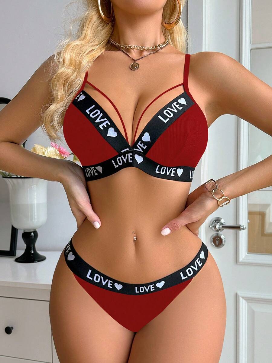 SHEIN 女士撞色心形字母针织文胸套装 - 紅色 - 查看 1