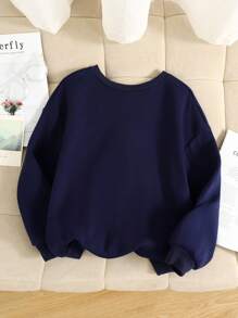 SHEIN Sweatshirt Pullover Longgar Bahu Jatuh dengan Kerah V Kontras Warna Kontras untuk Anak Perempuan Remaja, Kembali ke Sekolah dengan Pita, untuk Musim Gugur/Dingin - Royal Blue - View 2