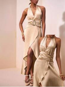 Zivah 2025 年夏季新音乐节和毕业季系列，学生/日常/休闲/度假/海滩/日光浴/街头服饰杏色纹理棉麻挂脖褶皱深 V 领开衩连衣裙，优雅闪亮面料礼服 - 香檳色 - 查看 1