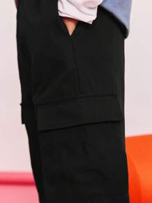 SHEIN 青少年男孩休闲舒适中腰工装口袋长裤 - 黑色 - 查看 5