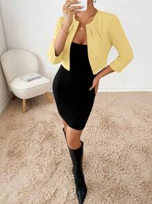 SHEIN Essnce Women's Solid Color Round Neck Casual Pleated Cropped Blazer In Fall/Winter - Yellow - View 6