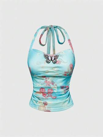 Hippie, Cashewnuss Blume, V-Ausschnitt abstraktes Schleifendesign, Damen Trägershirt