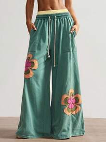 Bohemela 女士休闲针织拼布宽松阔腿裤 - 綠色 - 查看 8