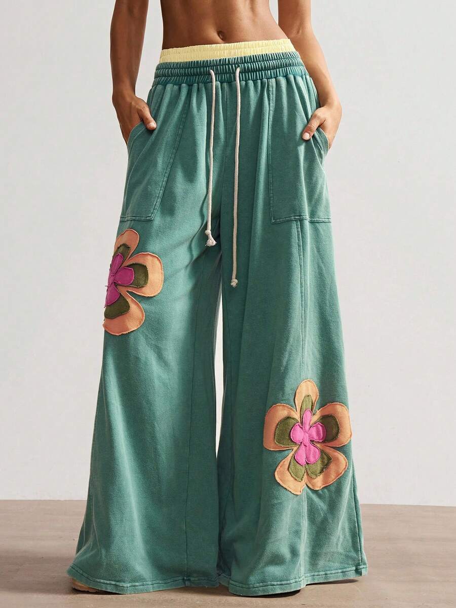 Bohemela 大码女式花卉贴花抽绳腰带口袋阔腿休闲裤 - 綠色 - 查看 1