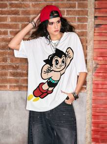 Astro Boy X ROMWE Casual Street Cartoon Figure Graphic Loose Fit Round Neck T-Shirt - White - View 5