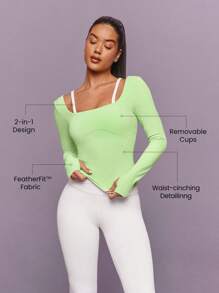 GLOWMODE FeatherFit™ Layer Player Mock 对比色肩带 臀长收腰长袖上衣 低冲击瑜伽普拉提 Barre 健身房工作室日常休闲装 - 綠色 - 查看 2
