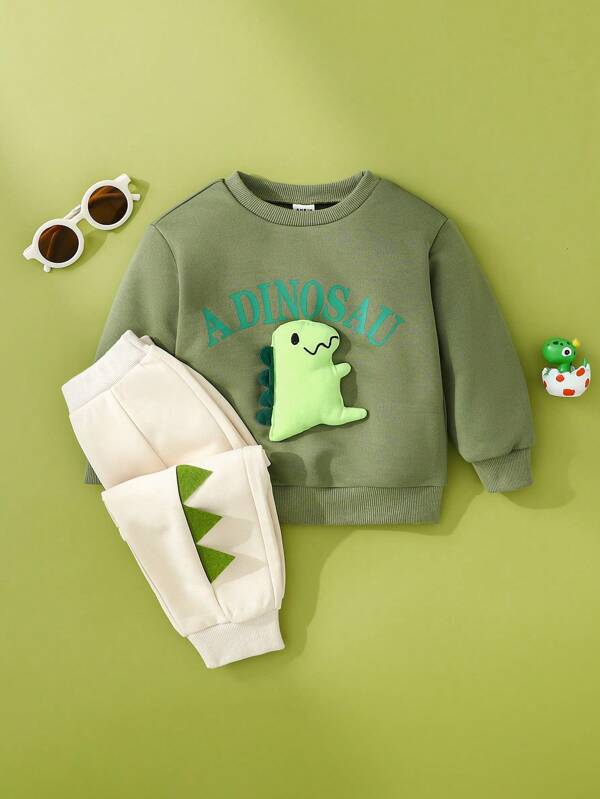 SHEIN 2 件套男婴卡通恐龙印花长袖卫衣 + 休闲裤套装，春秋