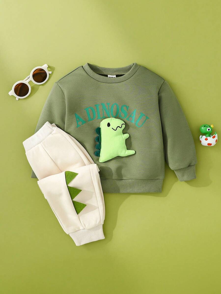 SHEIN 2 件套男婴卡通恐龙印花长袖卫衣 + 休闲裤套装，春秋