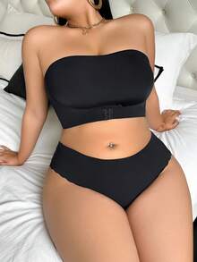 SHEIN 2 piezas Set de ropa interior sin costuras de talla grande - Negro - Ver 3