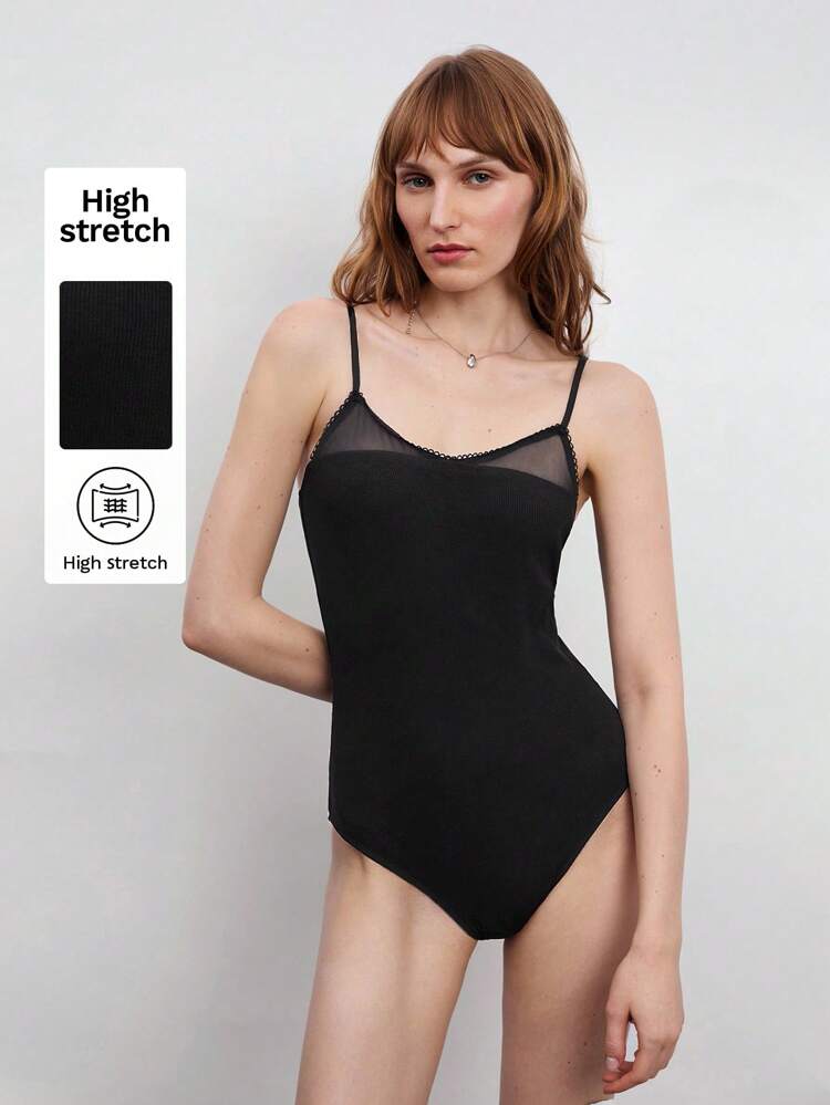 SHEIN Maija Damen Schwarzer Sommer Outfit, Netz Patchwork gerippter Stoff verstellbare Spaghettiträger Bodysuit, modisch elegant sexy figurbetont, geeignet für Musikfestivals