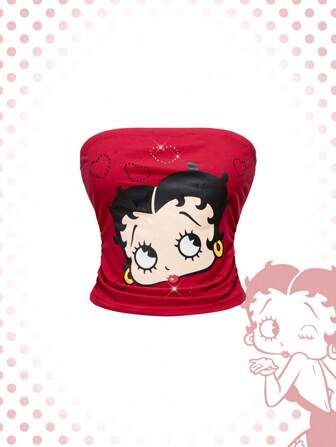 Betty Boop | ROMWE Women Sexy Rhinestone Heart Pattern Cartoon Figure Print Crop Tube Top