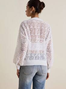 INAWLY Women's Casual Crew Neck Long Sleeve Hollow Out Knit Cover Up Knit Pullover Fall Winter Sweater - White - View 2