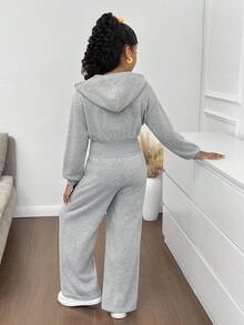 SHEIN Tween Girl Fashion Minimalist Solid Color Hooded Zip-Up Printed Letter Sweatshirt & High Waist Loose Straight Leg Pants Set Sweatsuit Set Girls Tween Girl Sweatsuit Girls 2 Piece Sweatsuit Teen Sweatsuit 2 Piece Sweatsuit Girls Girls Sweatsuit Fall Winter Sweatshirt Straight Pants Suit Tween Girl Hoodie And Pants Pre Teen Girls Teen 3pc Sweat Suit - Grey - View 2
