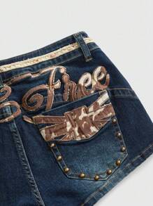 ROMWE Hippie Women's Y2K Retro Hippie Vacation Style Cow Print Beaded Embroidery Mini Denim Shorts