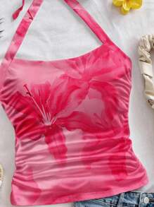 Soleia Plus Size Casual Minimalist Tie Dye Tropical Floral Print Camisole & Tank Top, Summer Wear Suitable For Going Out - Multicolor - View 5