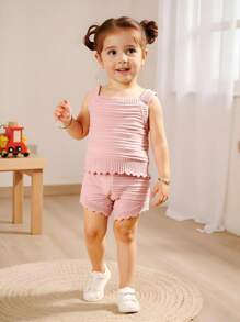 SHEIN Baby Girl Ruffle Trim Camisole Top And Knitted Shorts 2 Piece Outfit Set - Pink - View 8