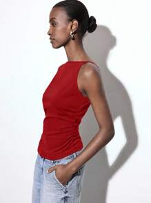 Maija Women's Red V-Neck Cold-Shoulder Camisole, Solid Color Ruched Asymmetric Hem Side Slit Fashionable Versatile Casual Blouse For Urban, Business Casual - Red - View 4