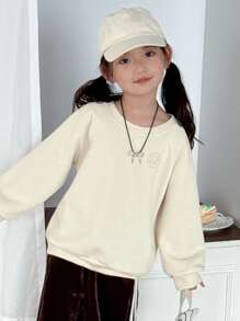 Dazy Kids 女童圆领针织抓绒卫衣，秋冬季 - 米色 - 查看 8