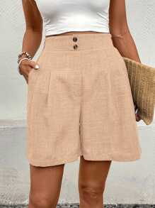 SHEIN LUNE Women's Casual Solid Color Loose Shorts With Side Pockets, Summer - Ginger - View 5