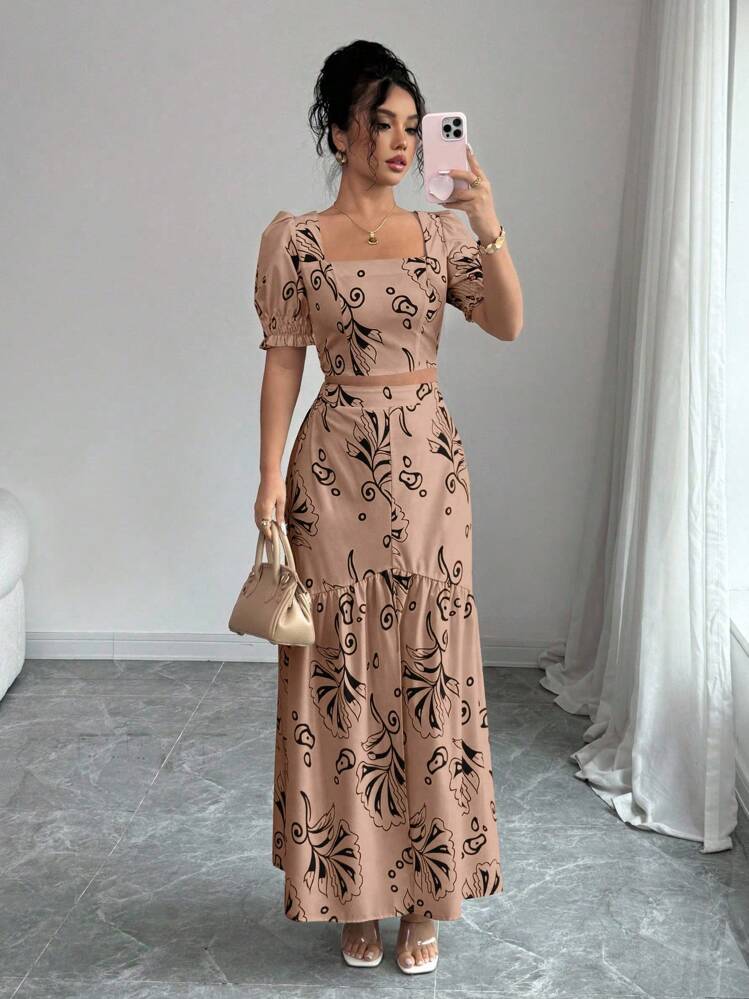 Elenzga Conjunto de 2 piezas con blusa de manga corta con diseño de puño y estampado floral + falda con abertura en el bajo, elegante para vacaciones y uso diario - Marrón - Añade 5