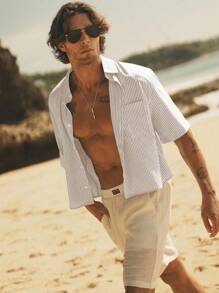 Manfinity VCAY 男士休闲修身条纹短袖衬衫 男士夏季度假装 白色沙滩男士条纹衬衫 夏季度假男士 - 棕色 - 查看 4