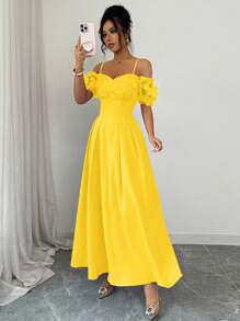 Elenzga Váy dạ hội chữ A sang trọng cổ điển thanh lịch, tay bồng cánh bướm, lưới 3D màu tím, eo khoét sâu, dây mảnh - Màu vàng - Xem 6