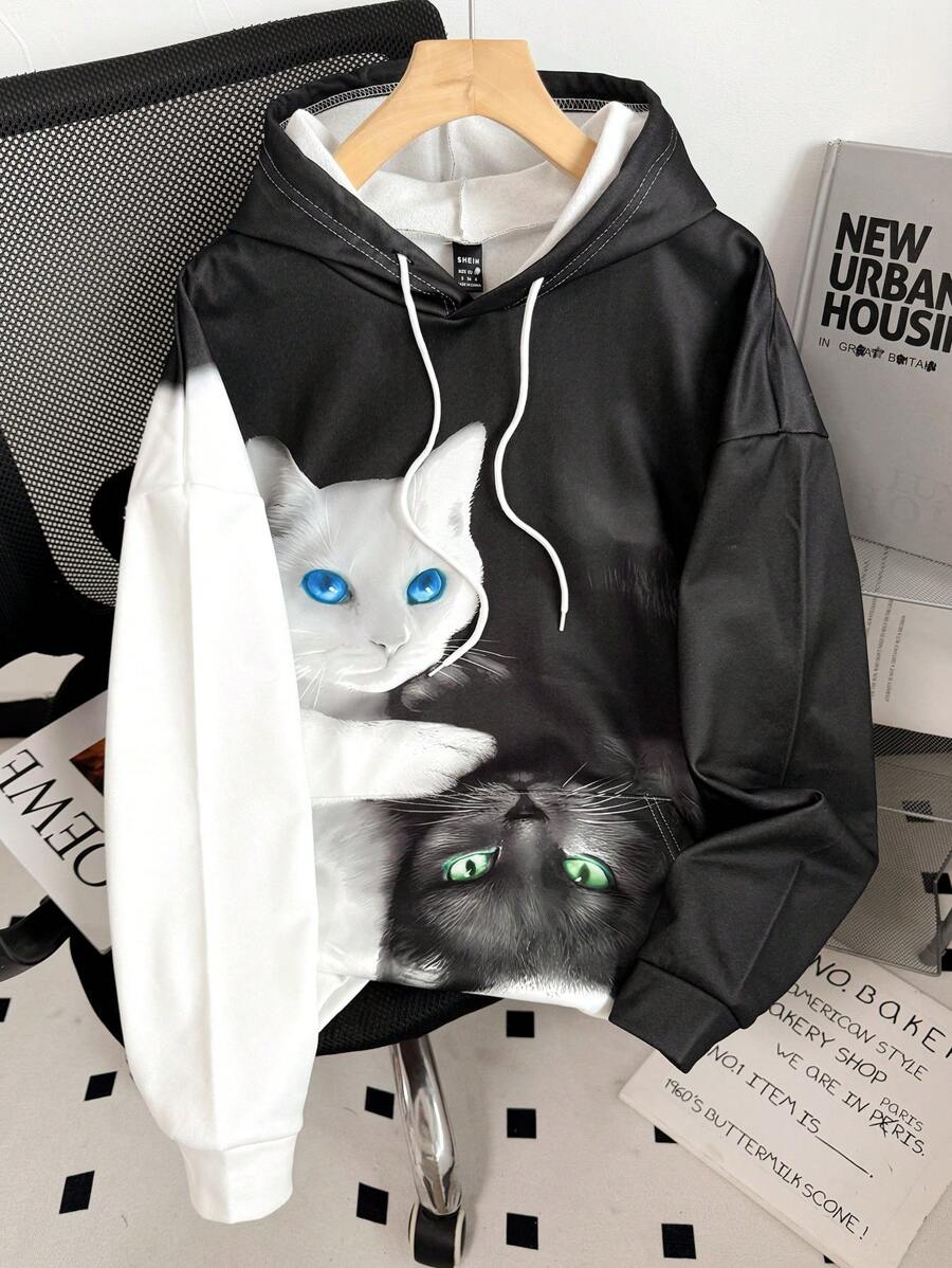 INAWLY 女士猫咪印花连帽长袖休闲运动衫、长袖上衣 - 白色 - 查看 1